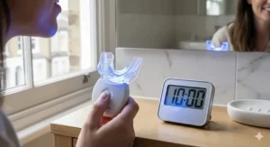 Illustration showing a 10-minute countdown timer representing a fast teeth whitening kit treatment session.