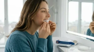 An illustration of a person applying strips, emphasising the 1 hour treatment time for busy British lifestyles.