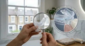 Magnified view of the mouth tray illustrating the even distribution of the fast teeth whitening kit gel for consistent results.