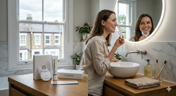 A premium fast teeth whitening kit displayed with an LED mouthpiece and gel syringes, designed for professional home results in the UK. fast teeth whitening kit