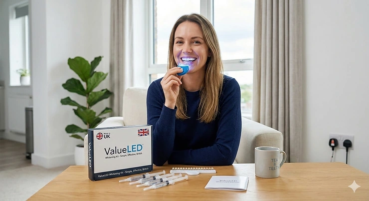 A professional budget LED whitening kit on a wooden table in a bright British home, featuring clear "Made in UK" branding and a mug of tea. budget led whitening kit