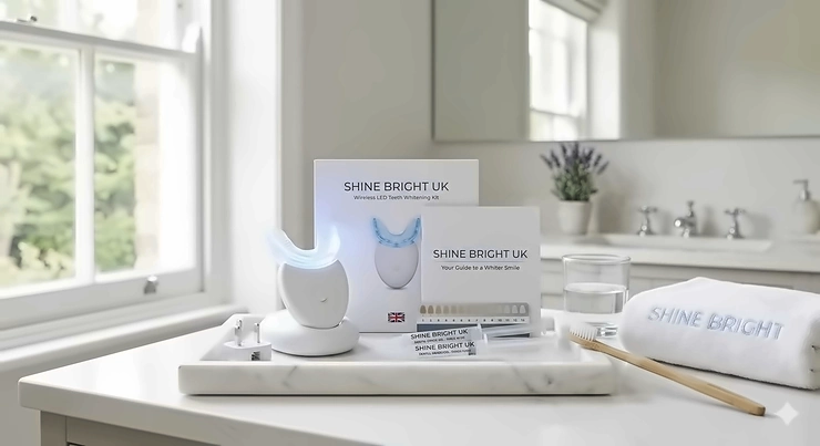 A premium wireless LED teeth whitening kit displayed on a marble bathroom counter with a UK plug and natural lighting from a sash window. wireless led teeth whitening kit