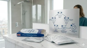 An overview of a full whitening kit including a treatment course guide for 1 hour whitening strips.