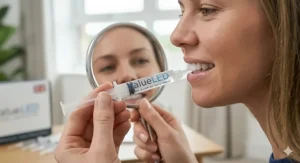 A woman using a handheld mirror to carefully apply the whitening gel, showcasing the simple and effective home-use process.
