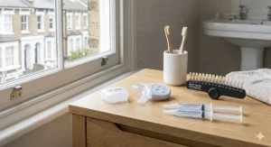 Complete fast teeth whitening kit featuring LED light, whitening gels, and a shade guide for tracking progress.