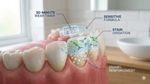 An informative graphic showing a 30-minute countdown timer on a whitening strip to illustrate the recommended treatment duration.