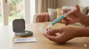 A photorealistic 4K image focusing on a close-up view of a person’s hand carefully loading the distinctive 16% carbamide peroxide syringe into a clear custom-moulded dental whitening tray.