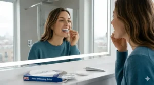 Illustration showing how to properly apply whitening strips to upper and lower teeth for a 60-minute treatment.