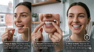 A diagram showing the three-step process of applying peroxide-free whitening strips to upper and lower teeth for a perfect fit.
