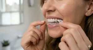 A detailed close-up showing a person carefully applying a clear whitening strip to their upper row of teeth in front of a bathroom mirror.