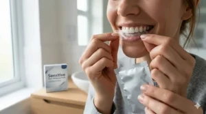 A close-up photorealistic demonstration of how to apply a clear whitening strip to the teeth for a comfortable and secure fit.