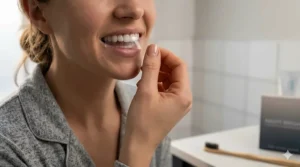 Close-up of a hand applying a clear whitening strip to the upper row of teeth before bed in a modern bathroom.