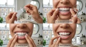 A four-step instructional guide showing how to peel, align, apply, and remove teeth whitening strips for the best results.