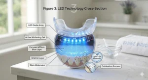 A detailed cross-section illustration showing how the blue light technology in the wireless LED teeth whitening kit interacts with the enamel to remove stains.