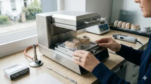 Clear, BPA-free custom-fit whitening trays being professionally manufactured in a UK dental laboratory.