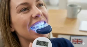 A woman using a glowing blue LED mouth tray to activate the whitening gel, with a timer showing the 15-minute treatment duration.