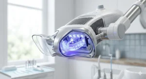 Close-up illustration of a professional LED blue light lamp used to accelerate dental whitening gels.