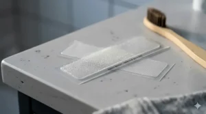 A macro photograph showing the micro-perforated dry-gel adhesive texture of a Night-Bright non-slip whitening strip.