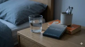 A contemporary British bedside table featuring a glass of water and a packet of Night-Bright whitening strips.