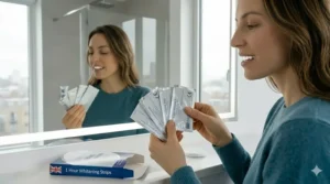 Diagram showing the individual treatment sachets of UK-compliant 1 hour whitening strips for a brighter smile.