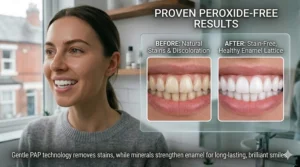 An illustrated comparison showing the noticeable brightening results of peroxide-free whitening strips on stained teeth.
