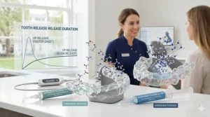 A photorealistic 4K image rendered with soft, natural light, focusing on two magnified, transparent dental trays in a modern British clinic displaying peroxide release curves over time.