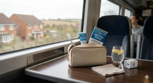 A travel washbag containing whitening strips and a toothbrush on a British train table, illustrating the portability of the treatment during a commute.