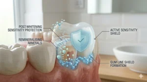 A lifestyle illustration showing a travel-friendly sachet of whitening strips, highlighting the convenience of the portable UK packaging.
