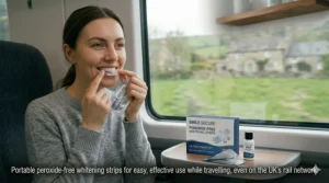 An illustration of a single whitening sachet, showing how peroxide-free strips can be used easily while travelling or on the go.