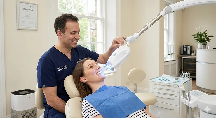 A patient undergoing professional LED teeth whitening at a UK dental clinic with a GDC-registered dentist. professional led teeth whitening