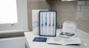 A professional UK teeth whitening kit featuring high-concentration gel syringes and precision applicators.