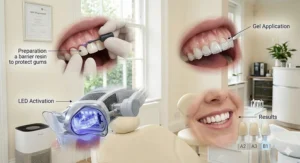 Step-by-step illustration of the professional LED whitening process, from gum protection to the final rinse.