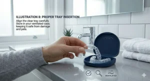 A photorealistic guide showing the correct alignment and insertion of a clear whitening tray, including symbols for ventilation and hygienic handling.