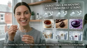 An illustration showing how whitening strips effectively target common UK stains from tea, coffee, and red wine.