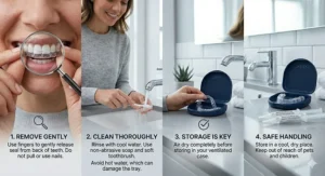 A four-panel photorealistic guide showing how to gently remove, clean, and store bespoke teeth whitening trays in a ventilated case.