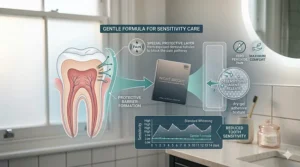 An infographic illustrating the gentle formula and desensitising agent release designed for sensitive teeth.