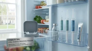 A photorealistic 4K image depicting proper cool storage for whitening gels within a modern British domestic kitchen refrigerator to maintain chemical stability and shelf life.