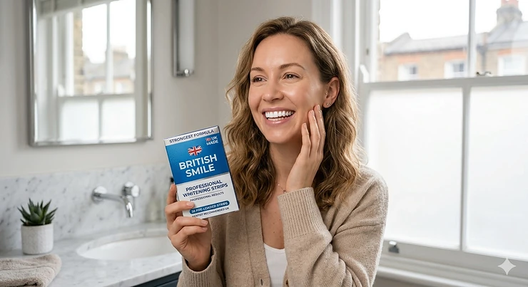 A close-up of a person smiling confidently with bright white teeth, holding a premium box of the strongest whitening strips available in the UK. strongest whitening strips
