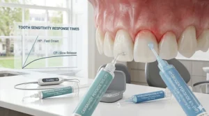 A detailed photorealistic close-up of human teeth and gum tissue in a modern British dental clinic, showing the simultaneous application of hydrogen peroxide and carbamide peroxide gels to monitor sensitivity.