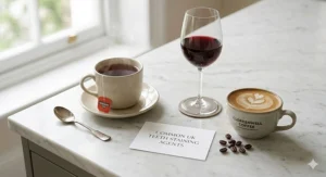 Icons representing common UK culprits for tooth staining, such as black tea, coffee, and red wine.