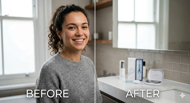 A side-by-side comparison of stained teeth versus a bright smile using professional-strength whitening gel. strongest teeth whitening gel