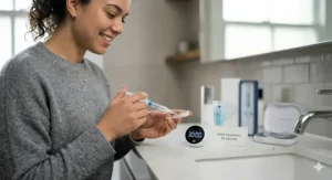 A bathroom setting showing a 30-minute timer next to a whitening kit to illustrate the daily treatment time.