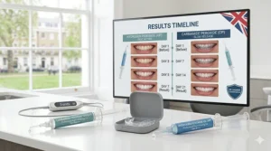 A photorealistic 4K image depicting a split vertical timeline infographic comparing the rapid results of hydrogen peroxide versus the steady whitening progress of carbamide peroxide.