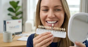 A smiling woman using a tooth shade guide to measure her brighter, whiter results after using the budget LED whitening kit.