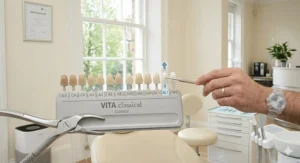 A dental shade guide showing the progression of tooth brightness after a professional whitening session.