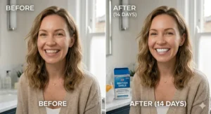 A split-screen comparison showing the 14-day results of using high-strength whitening strips on a natural smile to achieve a brighter look.