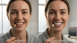 A side-by-side comparison of tooth colour shades before and after a 14-day overnight whitening treatment.