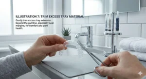A close-up demonstrating how to gently trim excess whitening tray material with small scissors to ensure comfort and protect the gum line from irritation.