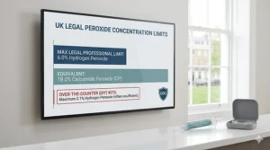 A photorealistic infographic chart displayed within a modern British dental clinic reception, clearly illustrating the maximum legal professional limit of 6.0% hydrogen peroxide and its 18% carbamide peroxide equivalent for dental whitening treatments in the UK.