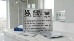 A graphic featuring UK safety standards and conformity marks to indicate the strips meet British dental health regulations.